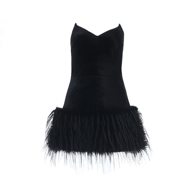 V neck fluffy velvet zip-up mini dress