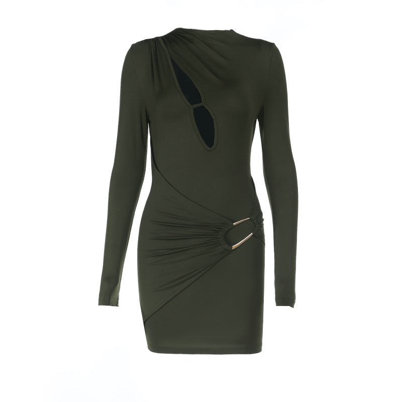 Long sleeve hollow out crewneck solid cut out mini dress