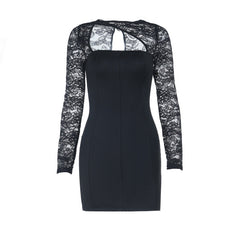 Long sleeve lace patchwork hollow out cut out mini dress