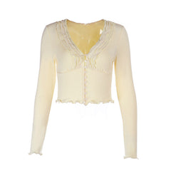 Long sleeve ruffle v neck button solid top