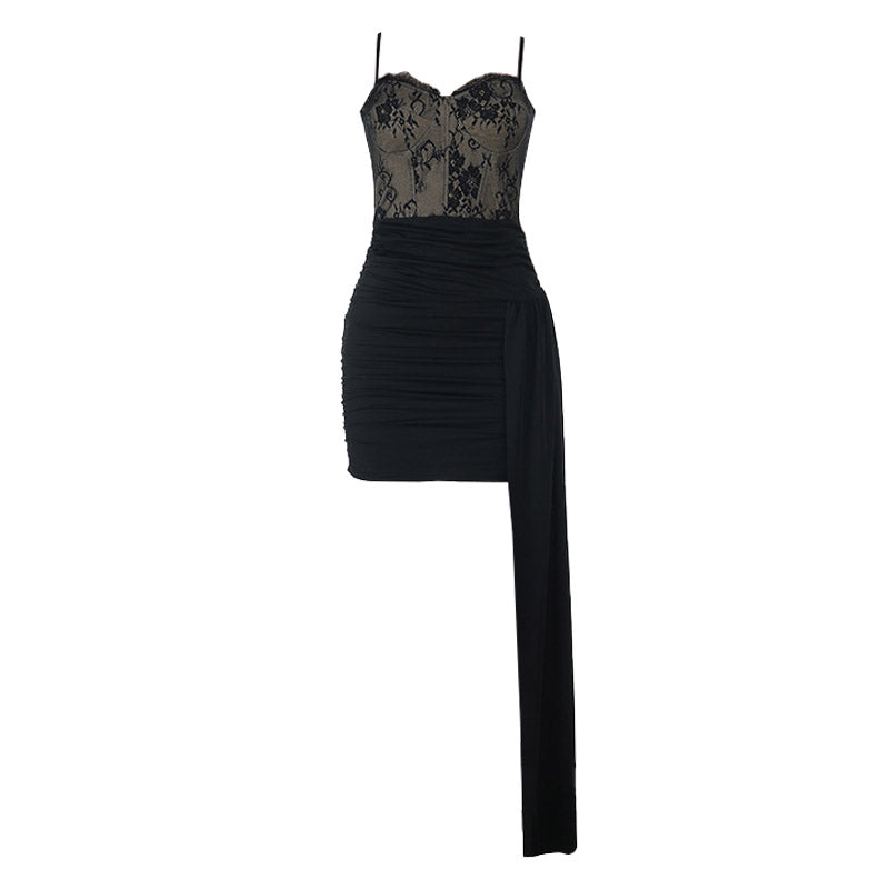 Ruched irregular lace zip-up cami mini dress