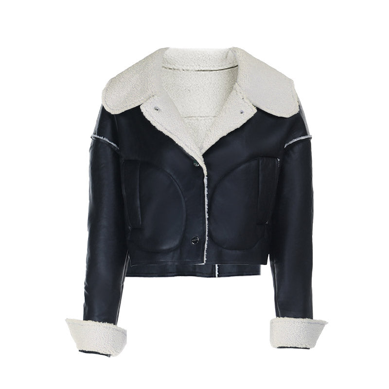 Long sleeve turnover collar PU leather button top