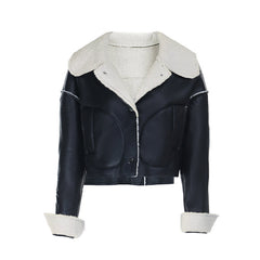 Long sleeve turnover collar PU leather button top