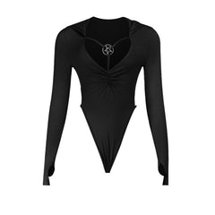 Hoodie long sleeve gloves ruched button bodysuit