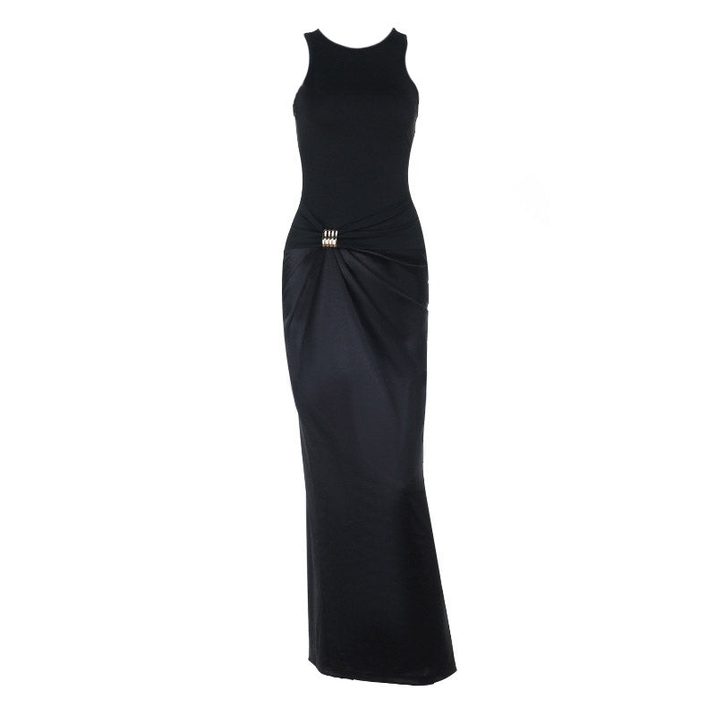 Round neck satin ruched solid maxi dress
