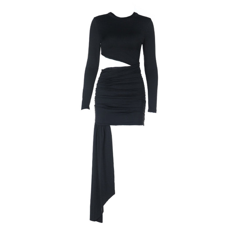 Long sleeve crewneck hollow out ruched cut out mini dress