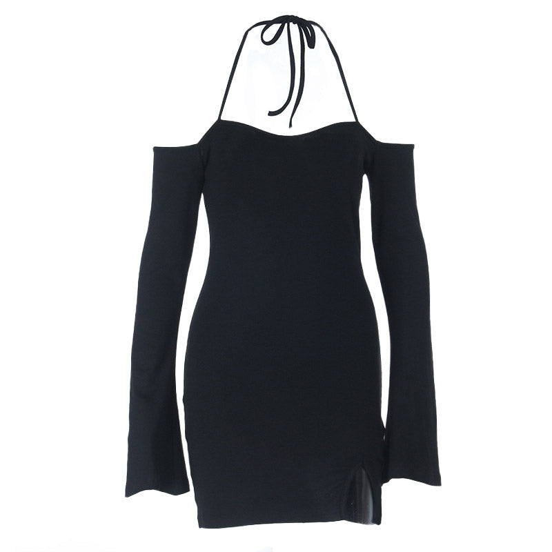 Halter self tie long sleeve off shoulder mini dress