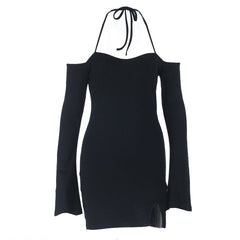 Halter self tie long sleeve off shoulder mini dress