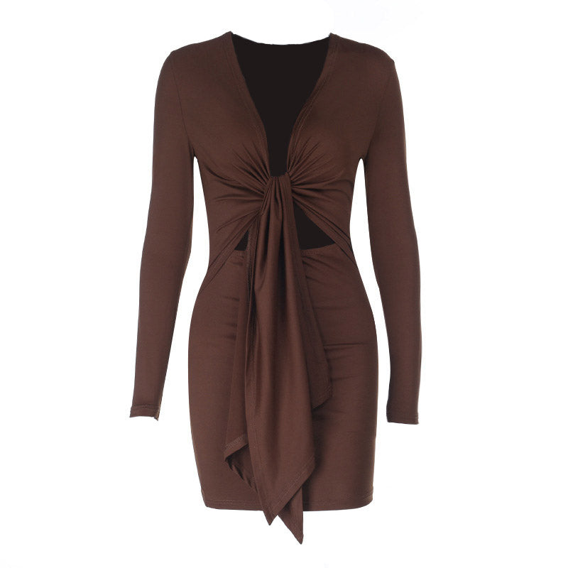 Long sleeve v neck hollow out ruched cut out mini dress