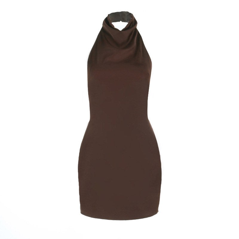 Halter button backless solid mini dress