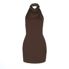 Halter button backless solid mini dress