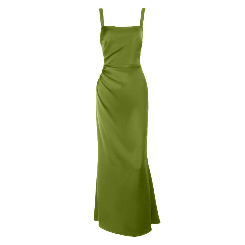 Square neck satin ruched zip-up cami maxi dress