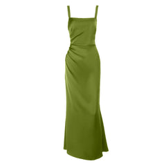Square neck satin ruched zip-up cami maxi dress