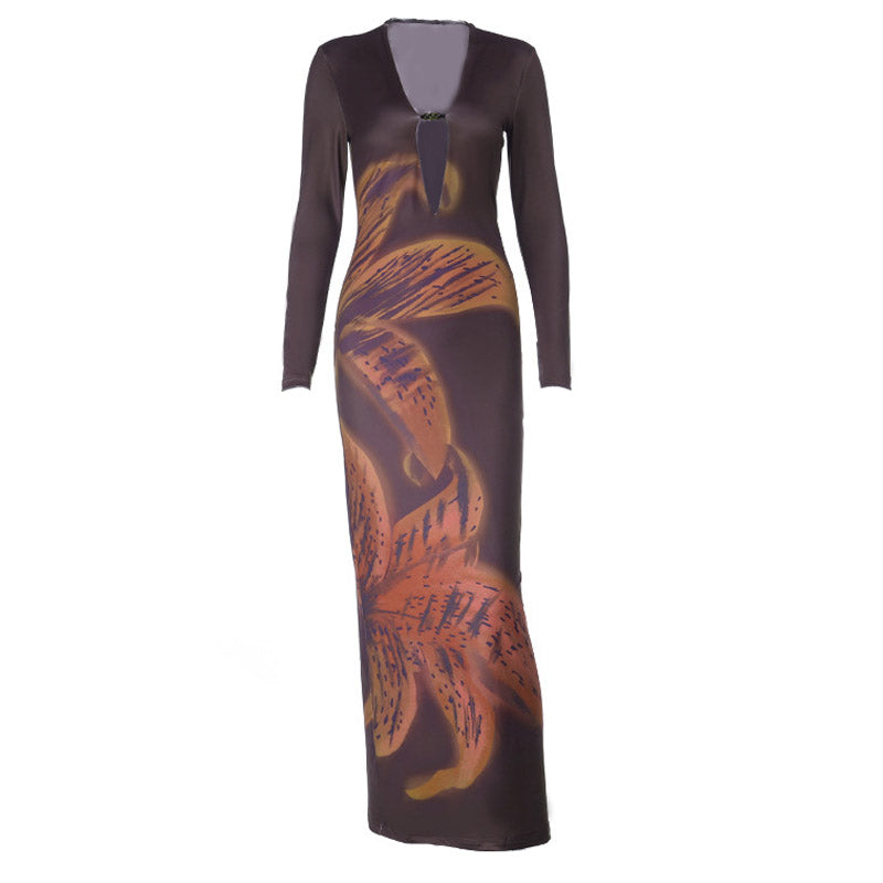 Hollow out beaded long sleeve print cut out maxi dress