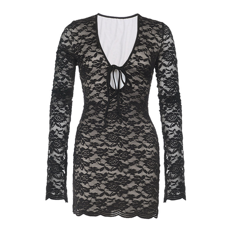 Long sleeve lace self tie hollow out cut out mini dress