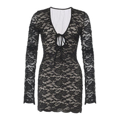 Long sleeve lace self tie hollow out cut out mini dress