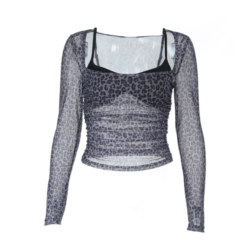 Leopard print long sleeve ruched u neck top