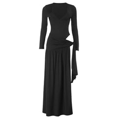 Long sleeve v neck ruched irregular maxi skirt set