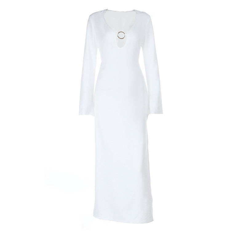 Long sleeve v neck o ring solid maxi dress