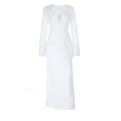 Long sleeve v neck o ring solid maxi dress