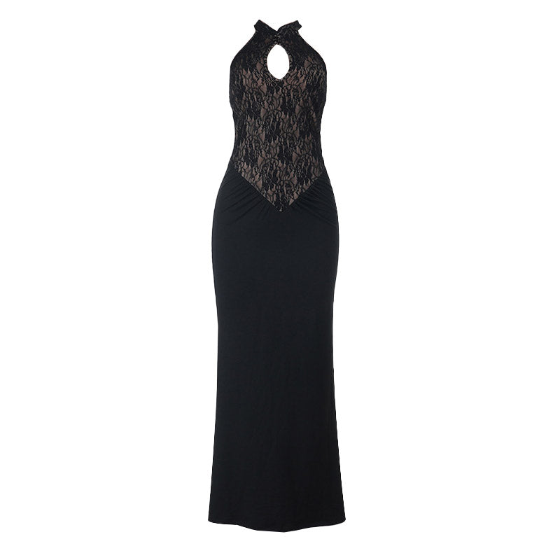Halter hollow out ruched lace cut out maxi dress