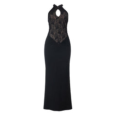 Halter hollow out ruched lace cut out maxi dress