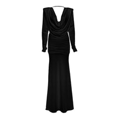 Long sleeve cowl neck ruched solid maxi dress
