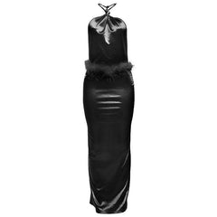 Halter slit feather backless maxi dress