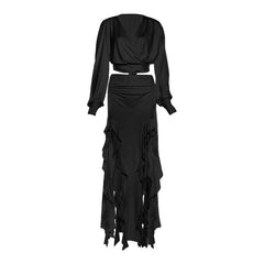 Long sleeve v neck self tie slit maxi skirt set