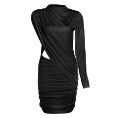 Irregular long sleeve ruched solid mini dress