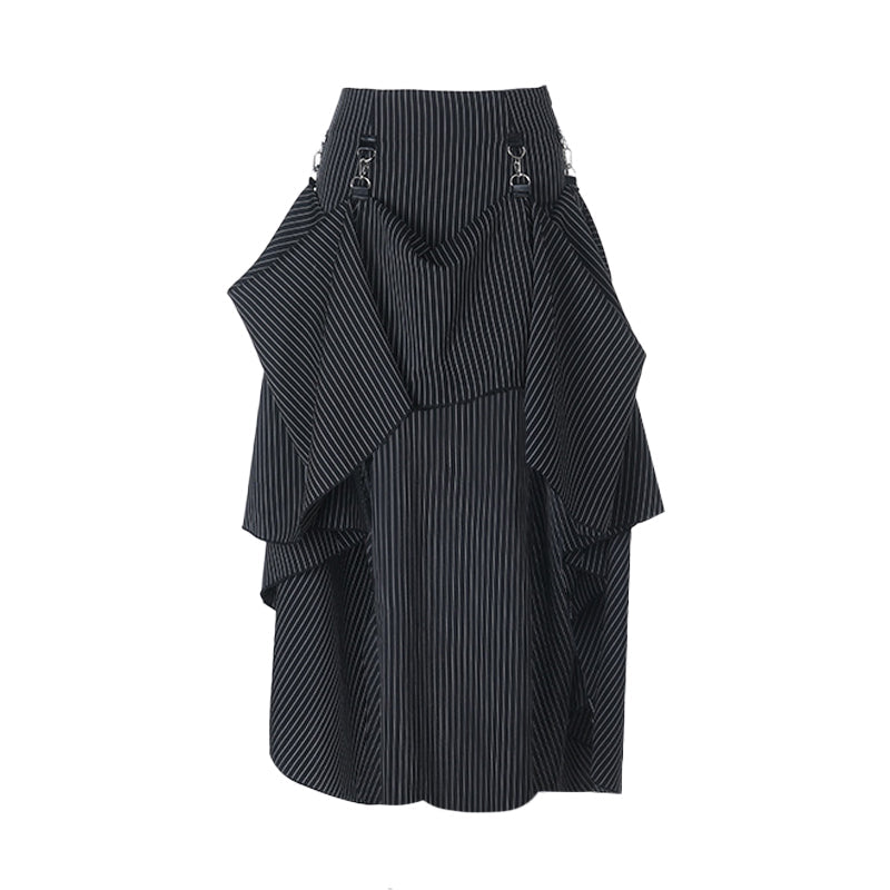 Striped print 2-way buckle zip-up maxi skirt