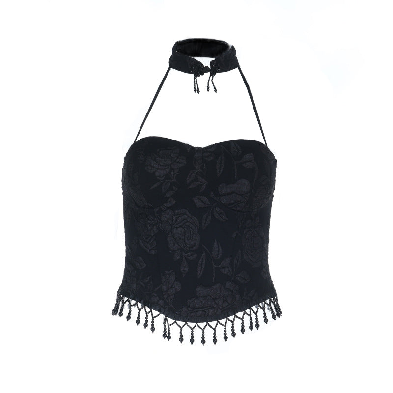 Halter print zip-up beaded backless top