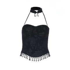 Halter print zip-up beaded backless top