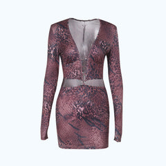 Long sleeve deep v neck print hollow out cut out mini dress