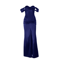 Off shoulder satin ruched zip-up slit maxi dress