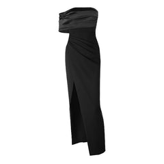 Irregular high slit pleated zip-up maxi dress