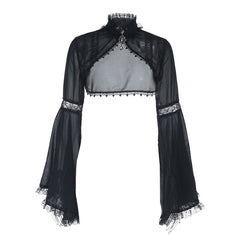 Long flared sleeve high neck lace hem solid top