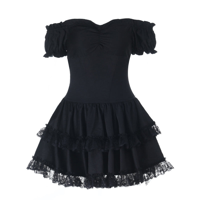 Lace hem off shoulder smocked ruched mini dress
