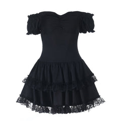 Lace hem off shoulder smocked ruched mini dress