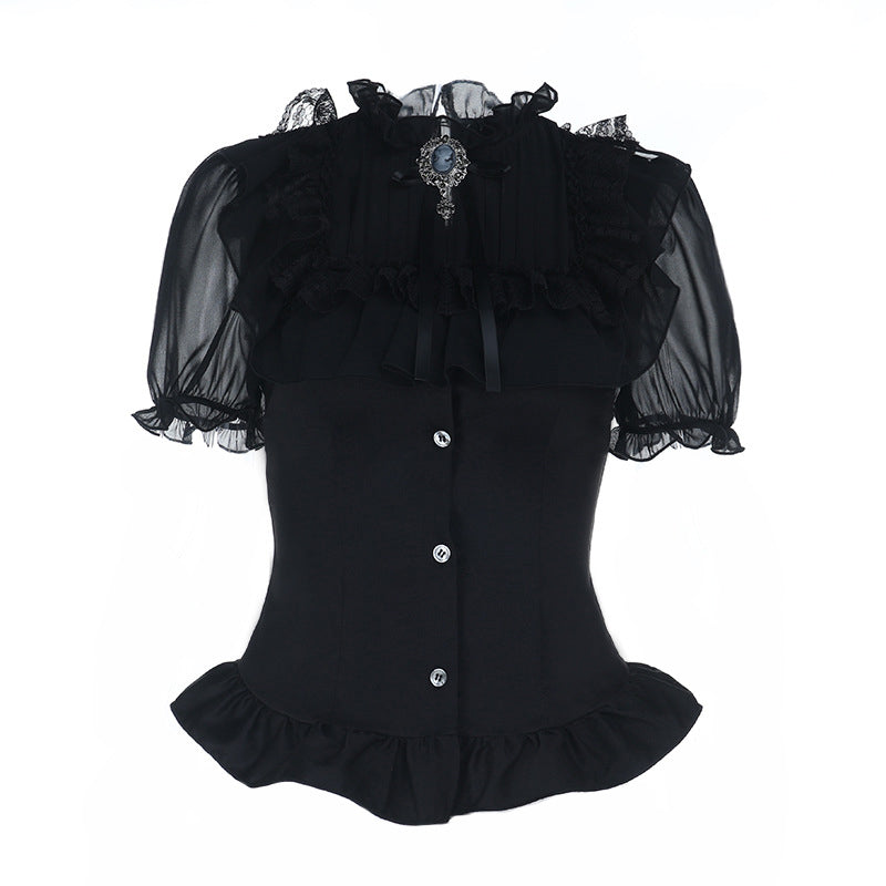 Short sleeve button ruffle lace hem solid top