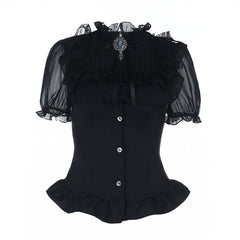 Short sleeve button ruffle lace hem solid top