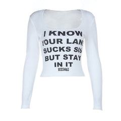 Square neck long sleeve letter pattern top