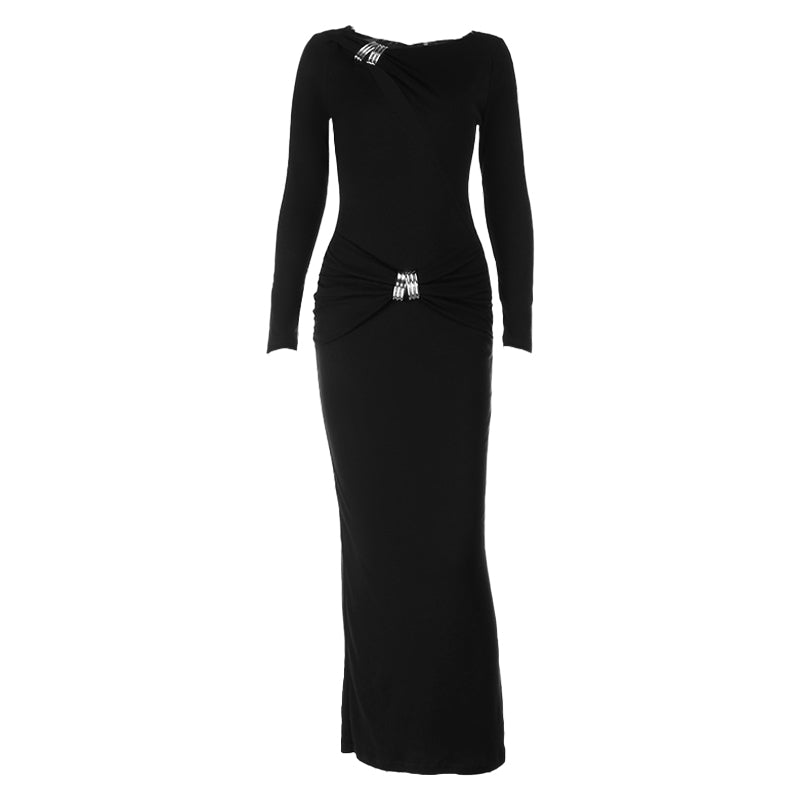 Long sleeve hollow out ruched irregular cut out midi dress