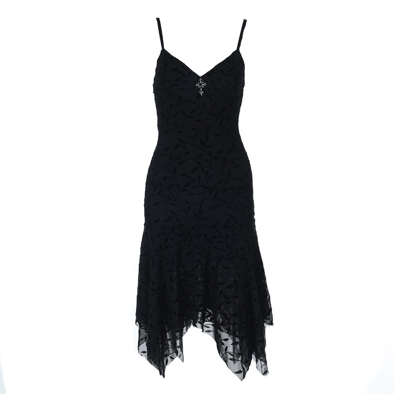 V neck print cross applique cami midi dress