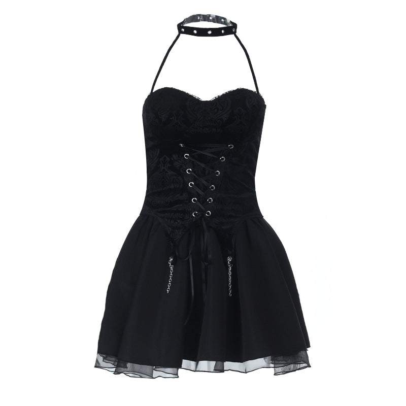Halter lace up metal chain ruched A line mini skirt set