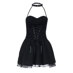 Halter lace up metal chain ruched A line mini skirt set