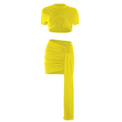 Crewneck solid short sleeve ruched mini skirt set