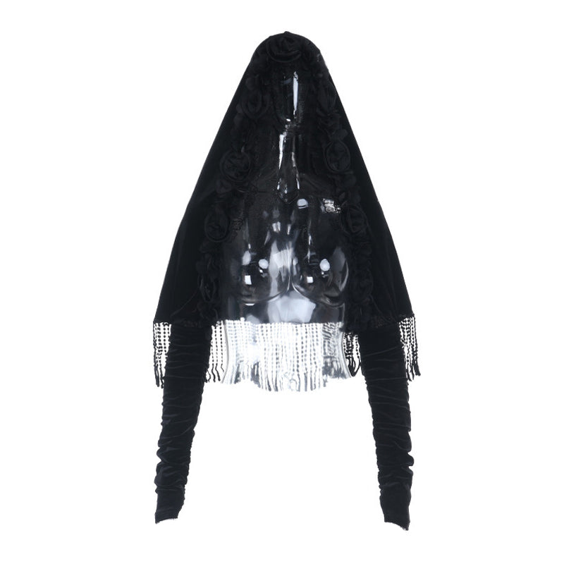 Long sleeve flower applique velvet tassels top