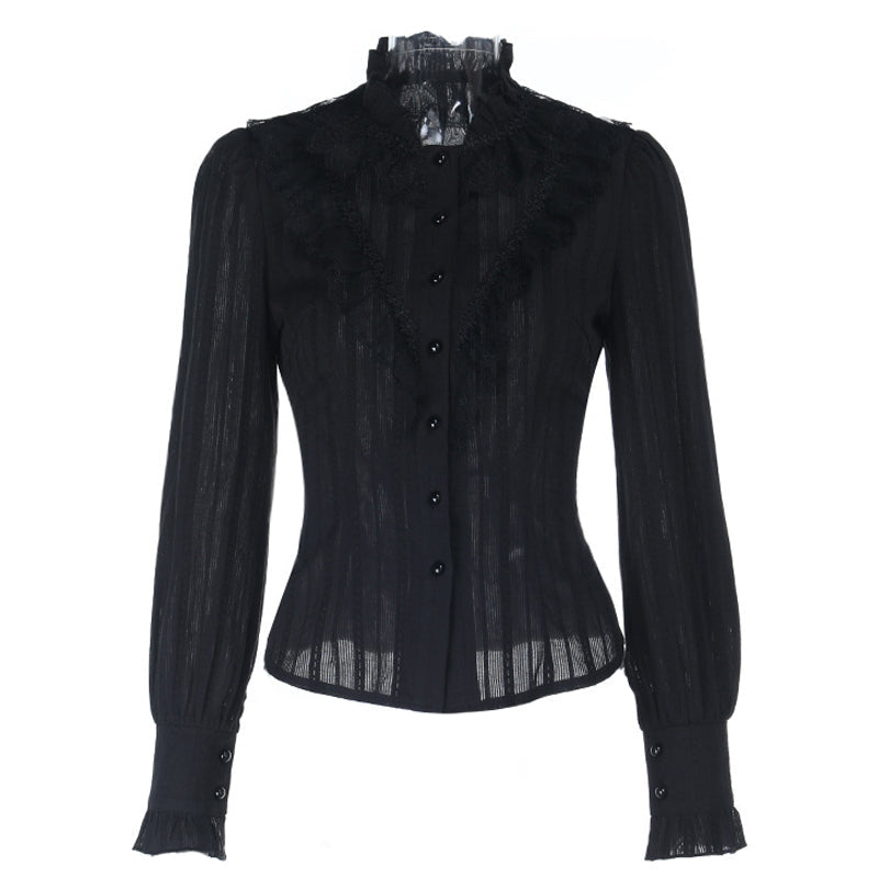 Long sleeve lace hem button self tie top