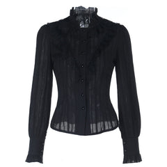 Long sleeve lace hem button self tie top
